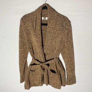 Vintage 90s R&R Brown Cotton Knit Cardigan with Belt M Boho Cabincore Festival